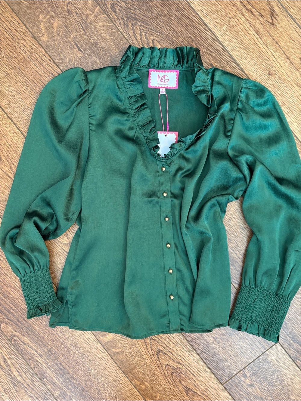 Emerald Ruffle V-Neck Button Blouse